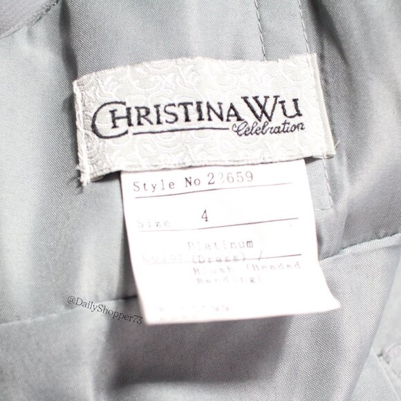 Christina Wu Celebration Women's Platinum Gray Pleated Faux Wrap Chiffon Gown - Picture 5 of 8